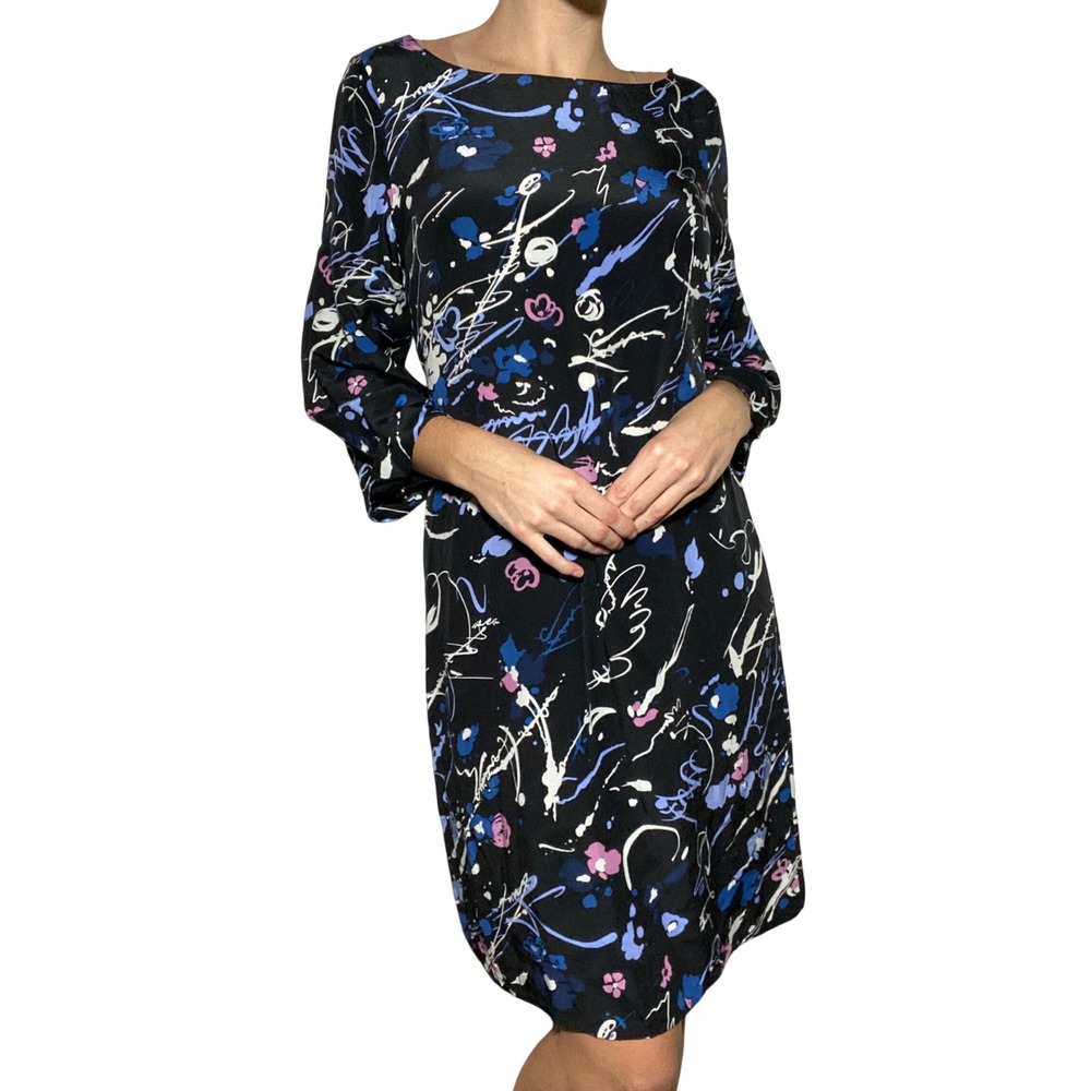 100 SILK Tahari Indie Black Graffiti Splatter Paint Shift Dress Downtown Girl- M